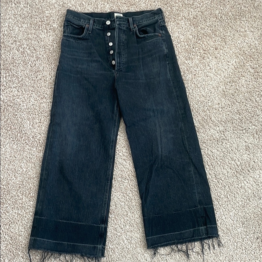 Citizens of Humanity Black Flare Wide Leg Jeans with High Waist and Raw Hem